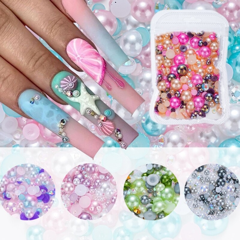 Pearls 3d Nails Art Rhinestones Flat Back Half Round Pearls