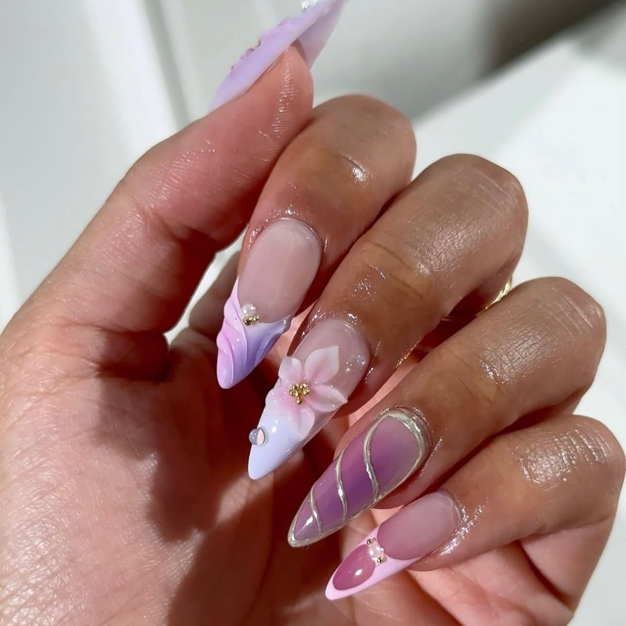 Purple Pink Press on Nails Almond – Medium 3D Embossed Flower Fake Nails with Pe