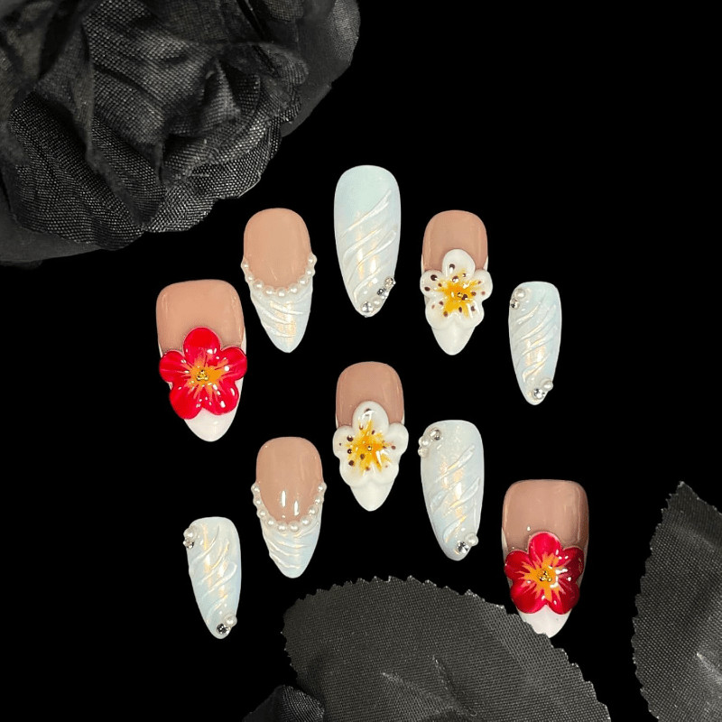 Handmade 3D Flower Pearl Rhinestone Press on Nails Medium Almond Nude Blue Ombre