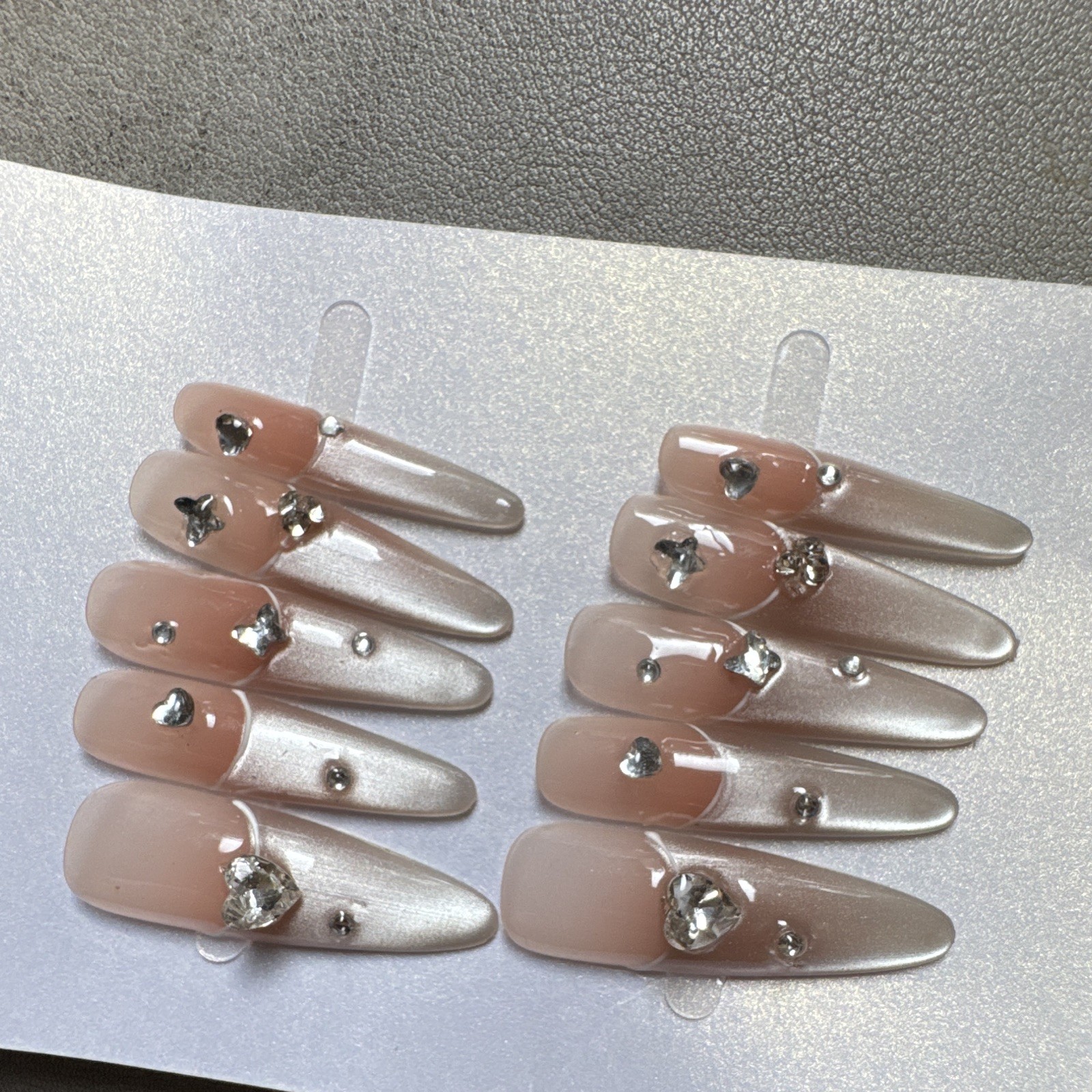 Press-On Nails Long Stiletto Beige/Silver Rhinestone Shiny Pre-Designed