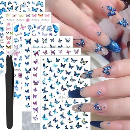 Butterfly Nail Art Stickers, Blue Purple Pink, 6 Sheets with Nail Tweezers,