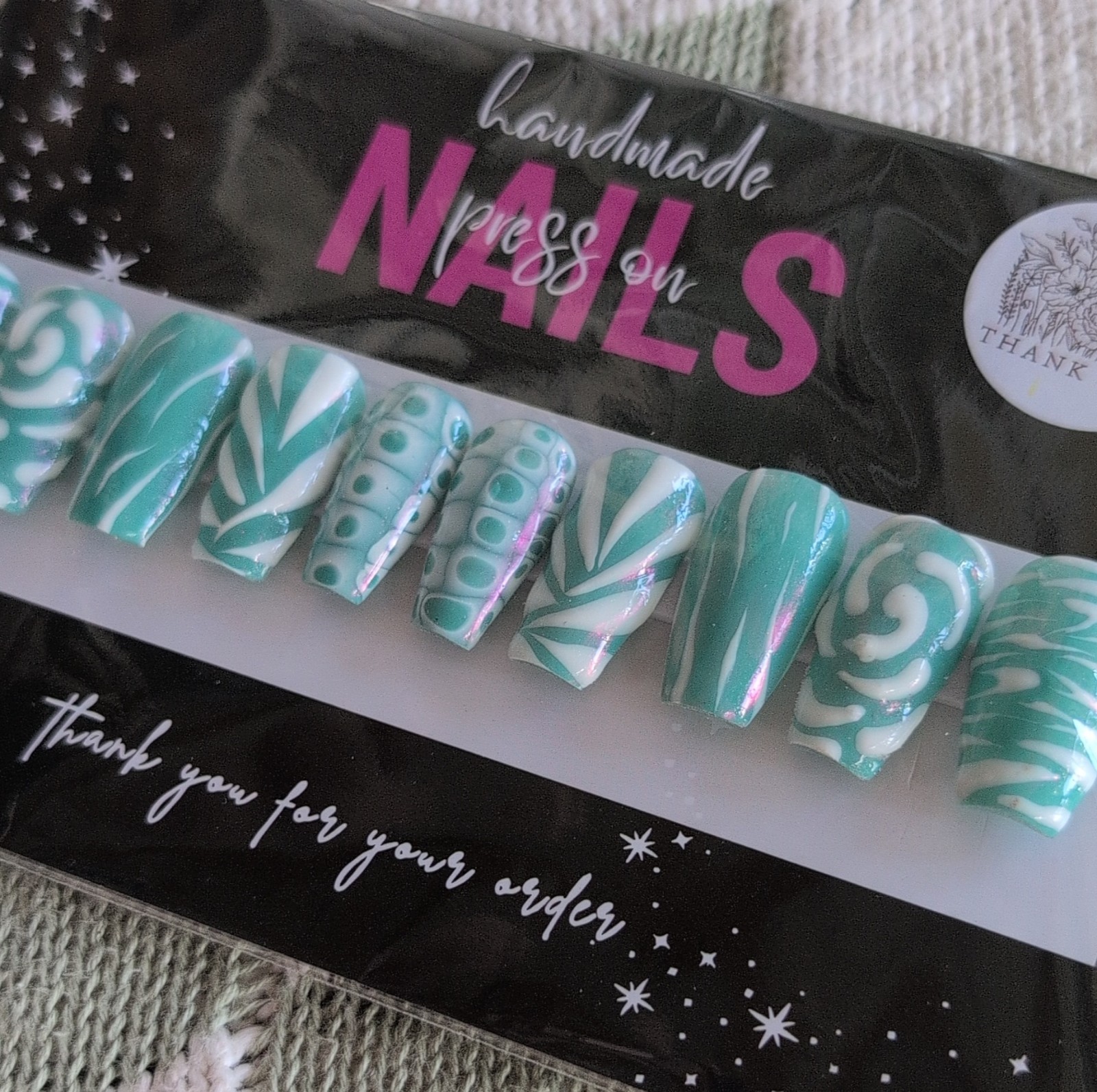 Homemade Press-On Nails Handmade Coffin Green White Sized XL