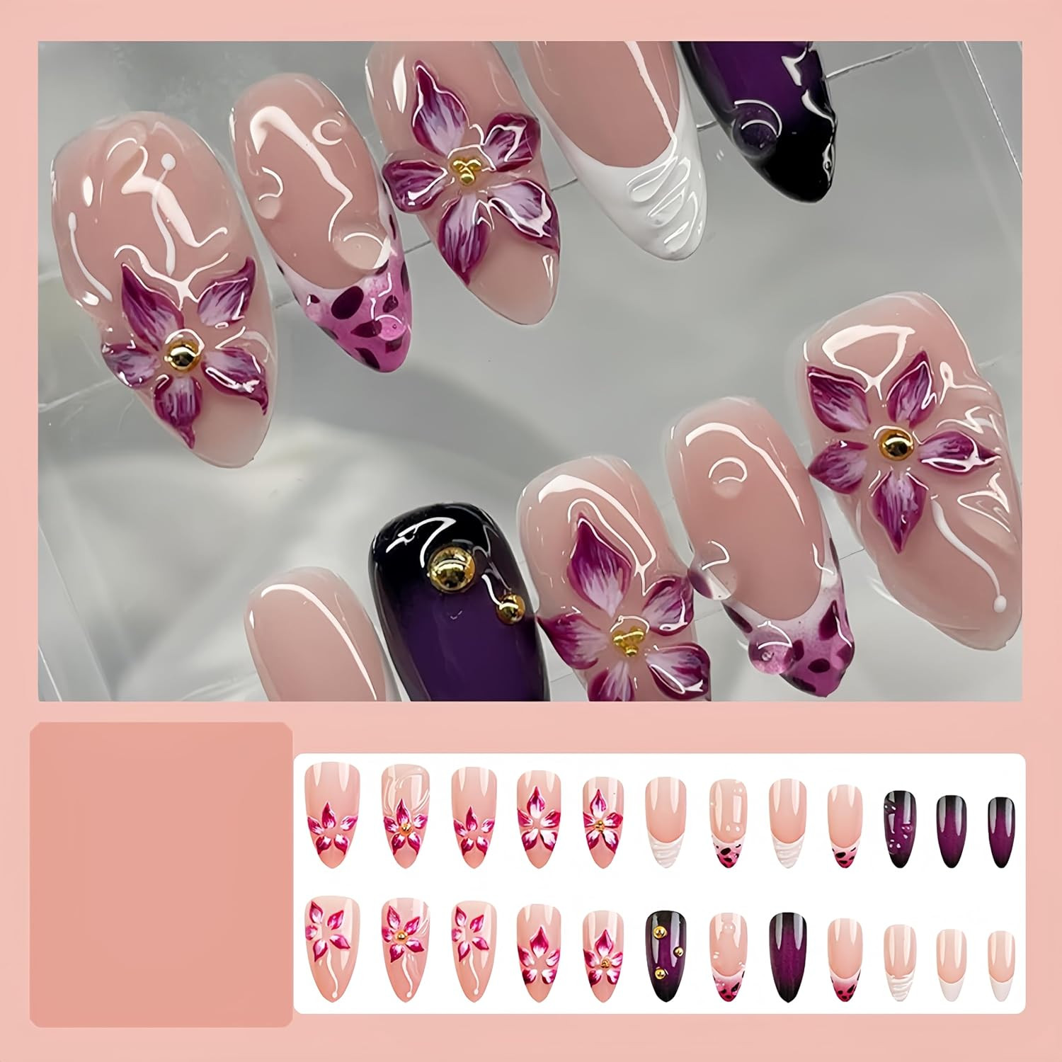 24Pcs Purple Pink Press on Nails Almond Medium 3D Embossed Flower Fake Nails wit