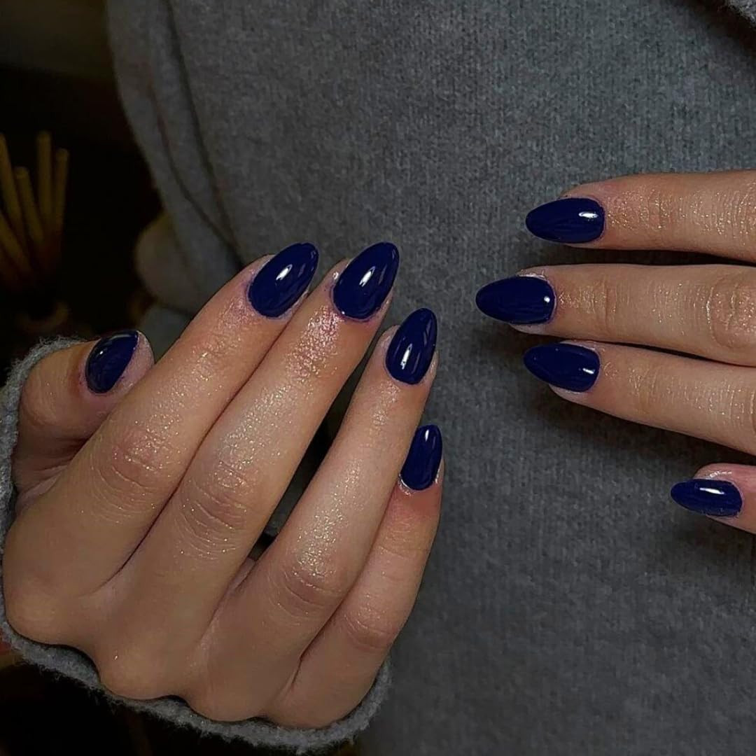 Deep Blue Press on Nails Short Oval, Glossy Fake Nails Round, Solid Color Acryli