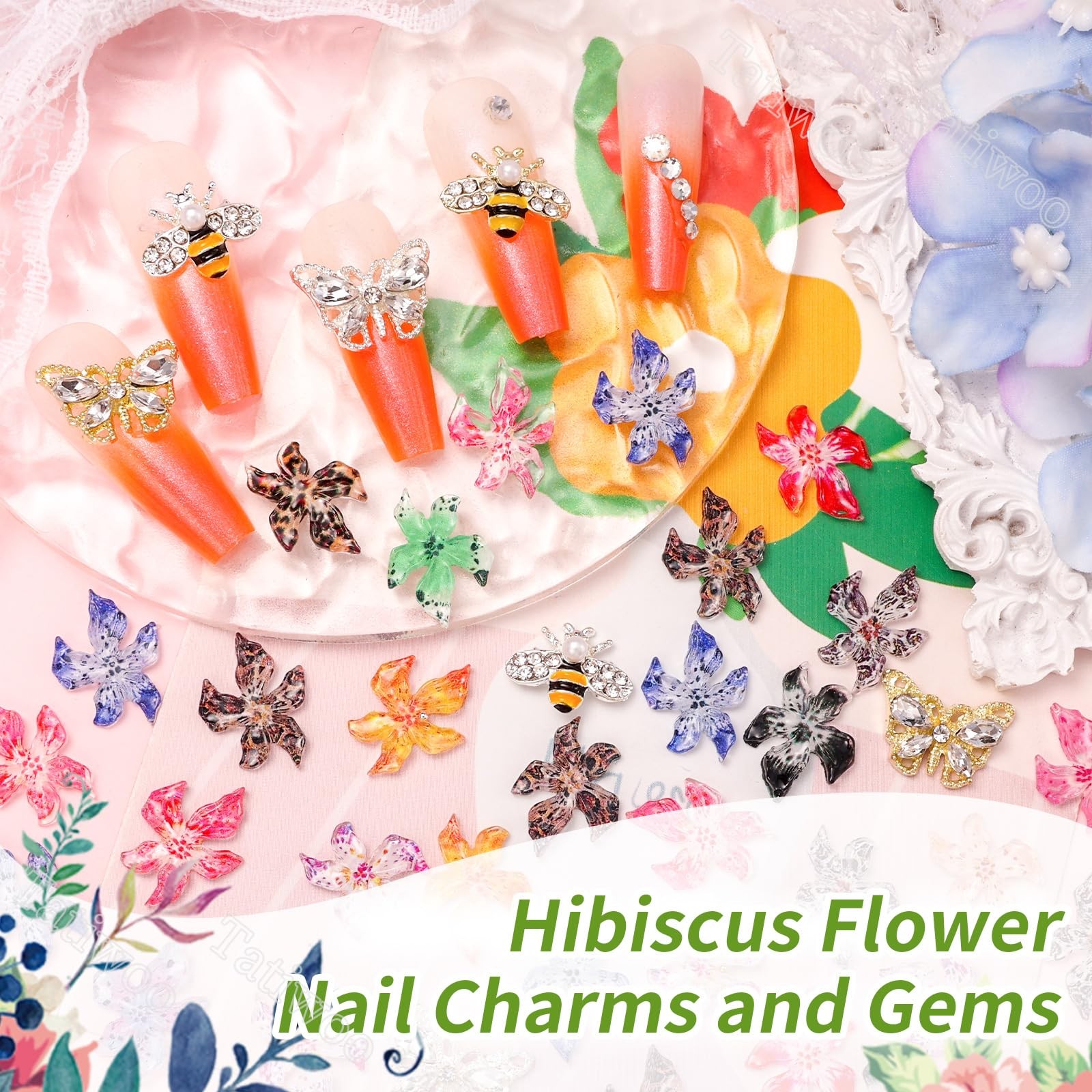 108 Pcs Flower Nail Charms, 3D Hawaii Flower for Nails Butterfly Bee Nail Gem…