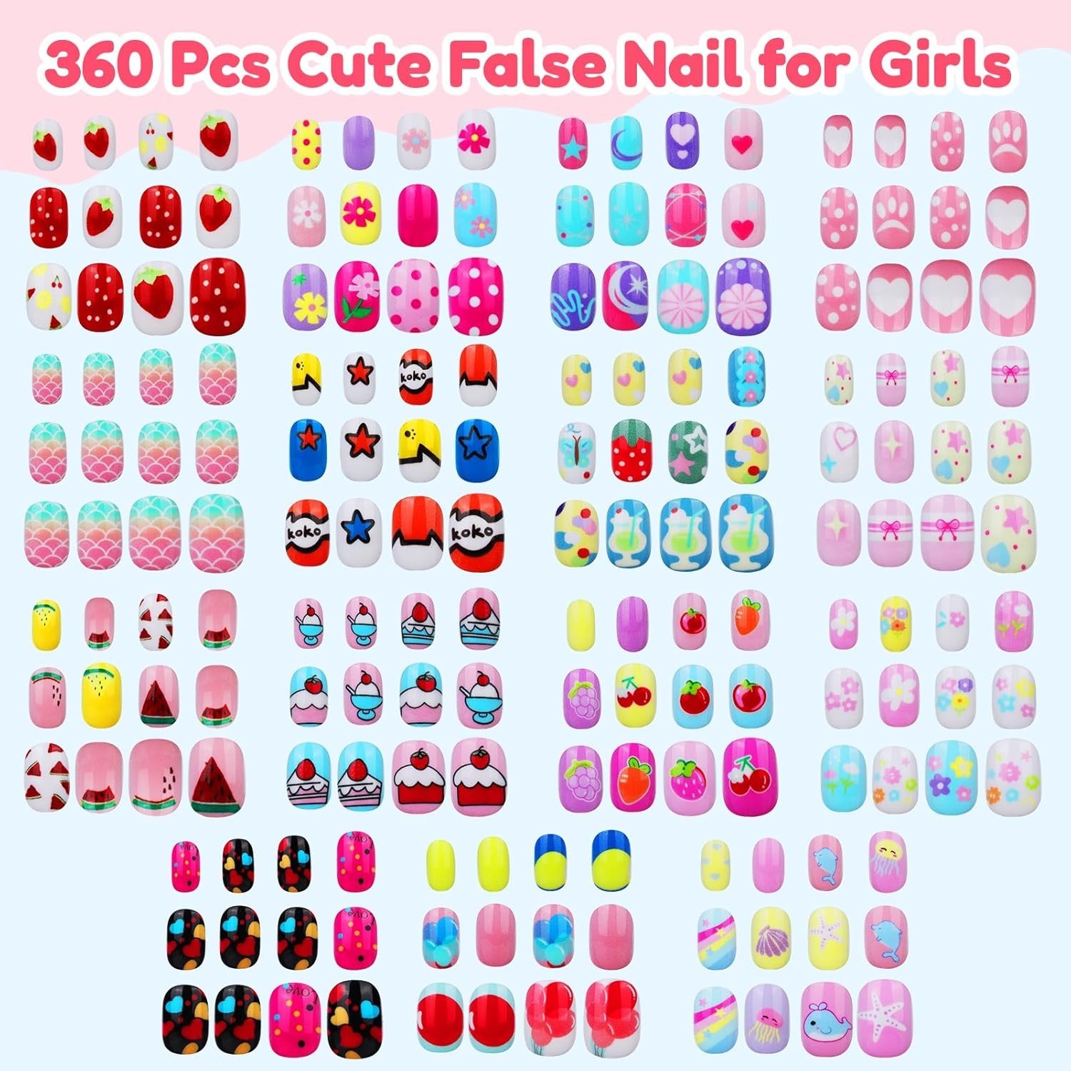 360 Pcs Kids Press On Nails, 15 Styles 12 Sizes Press On Nails for Kids Girls…