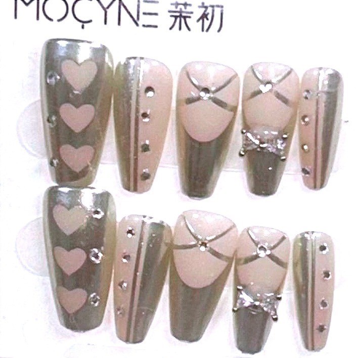 Gray Pink Heart Chrome Ballerina Press On Nails 3D Bow Set