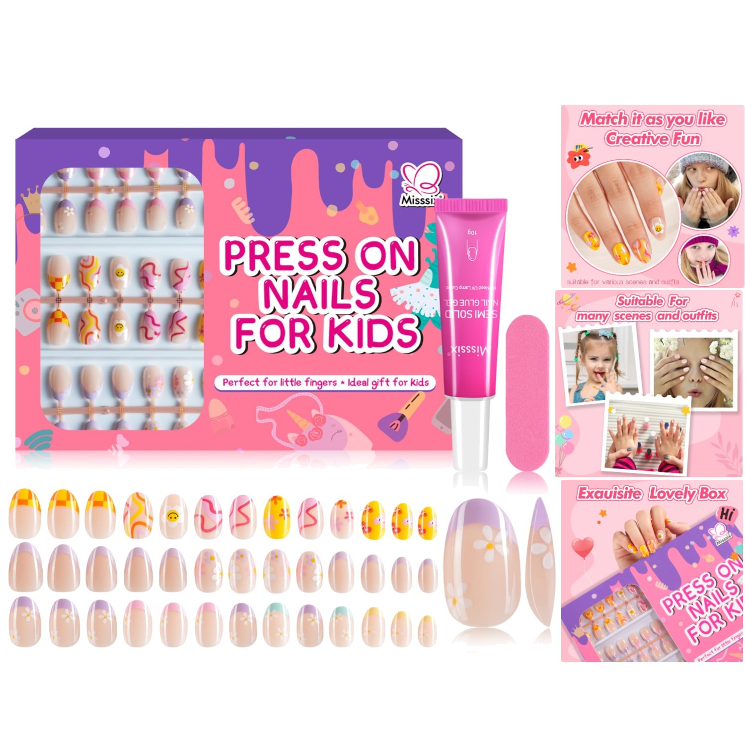 78 Pcs Press on Nails for Kids, 3 Pack Kid Fake Nail Kit Cute Press on Nails, St