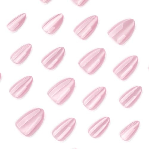 Pink Cat Eye Press on Nails Medium Almond Fake Nails Chrome False Style 12