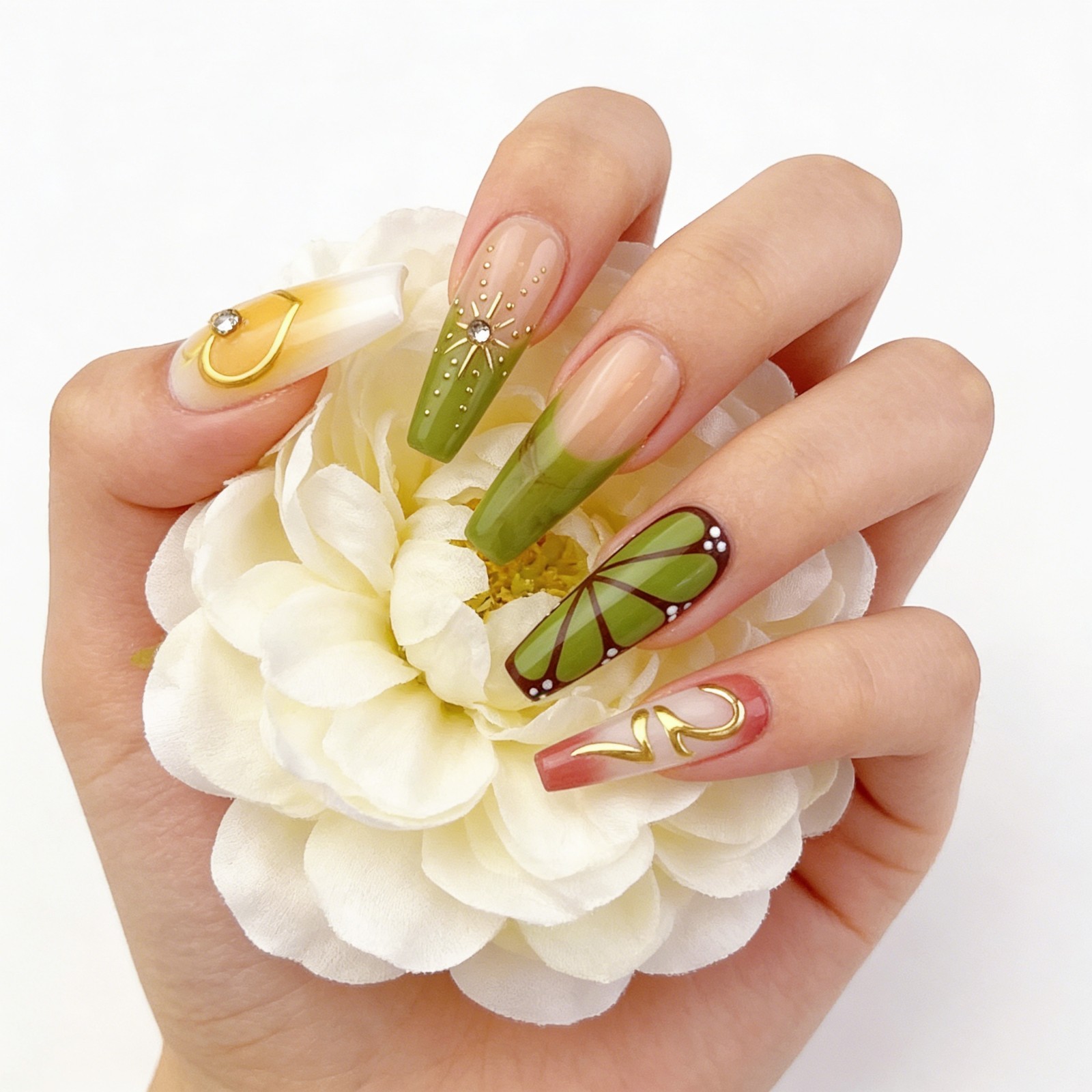 Long Coffin Tropical Jungle Press-On Nails with Gold & Amber Accents handmade