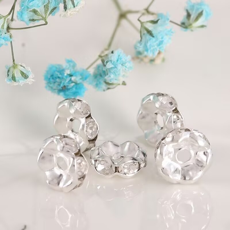 100 Silver Flower Crystal Rhinestone Rondelle Spacers Beads 6mm 8mm 10mm