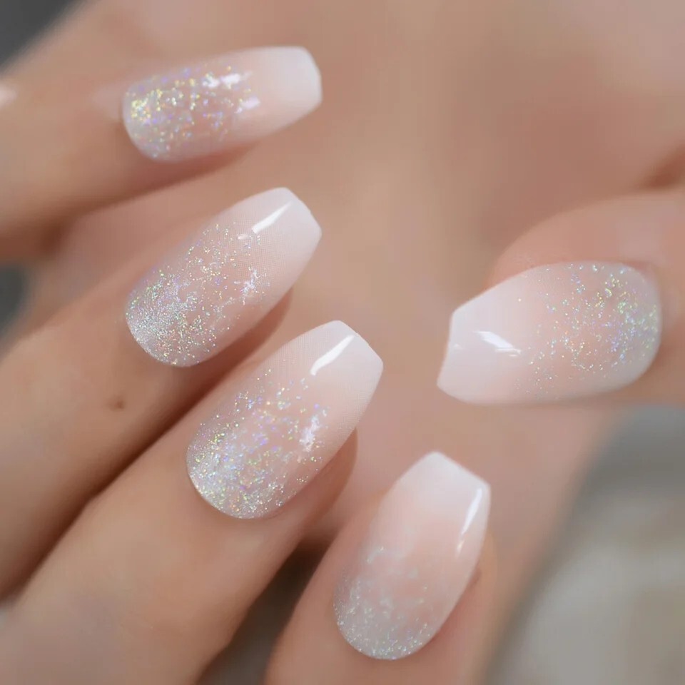 24 French Ombre Glitter Press on nails kit w glue nude white