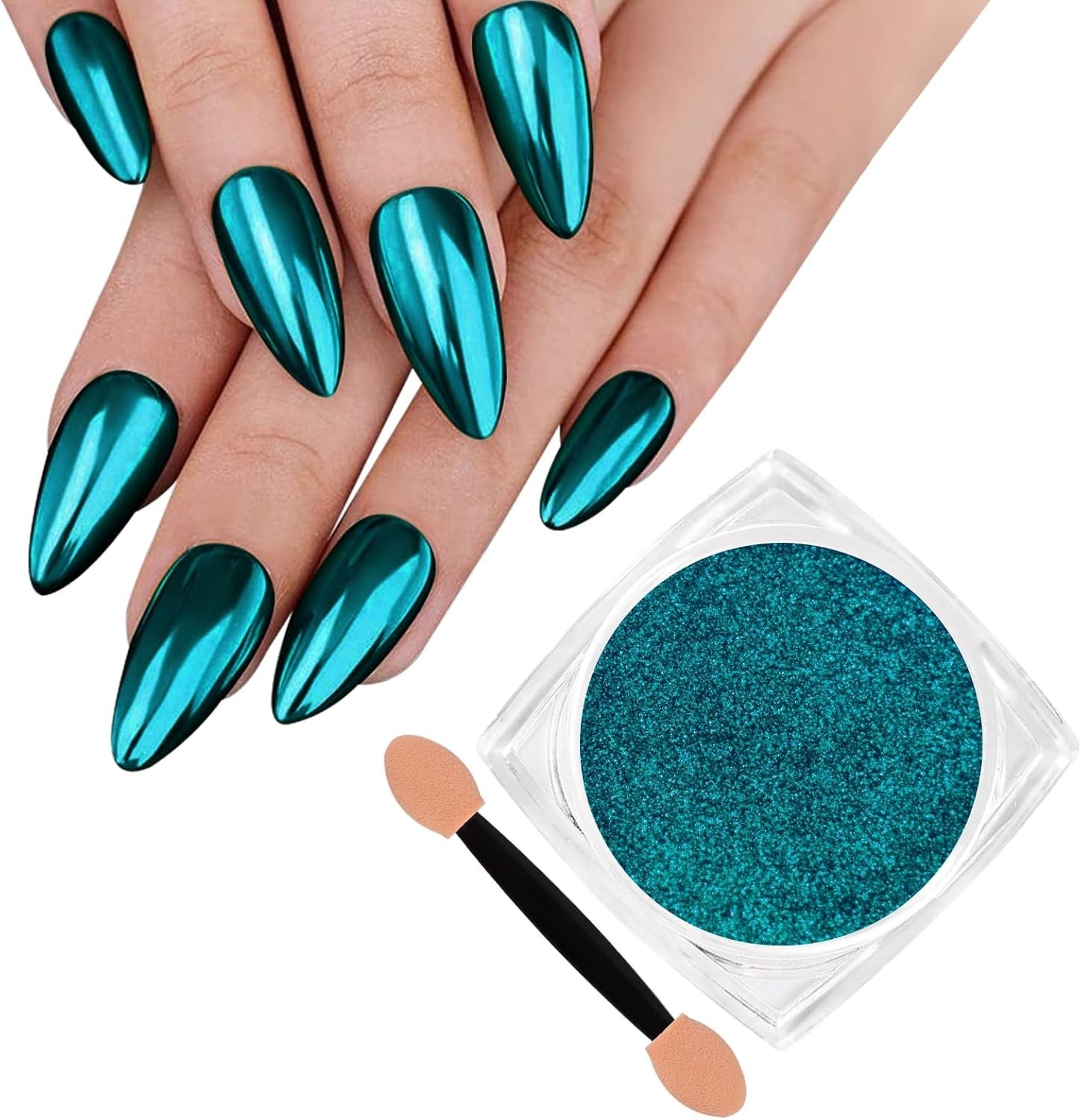 High-Pigmented Lake Blue Chrome Nail Powder with Eyeshadow Stick for Easy Art
