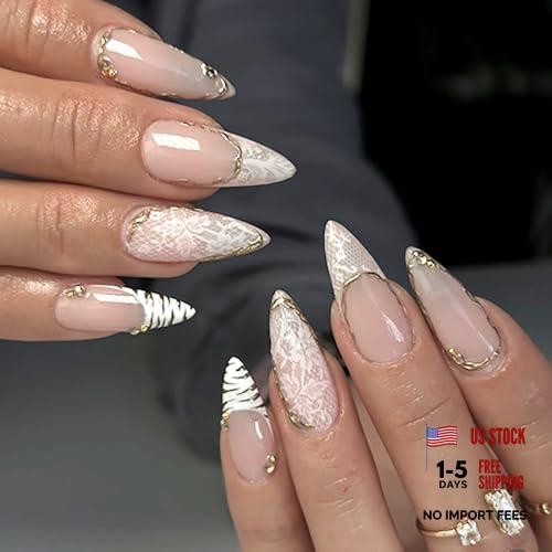 Black A33 Almond French Tip Press On Nails – Nude Pink Gold Line Lace Design
