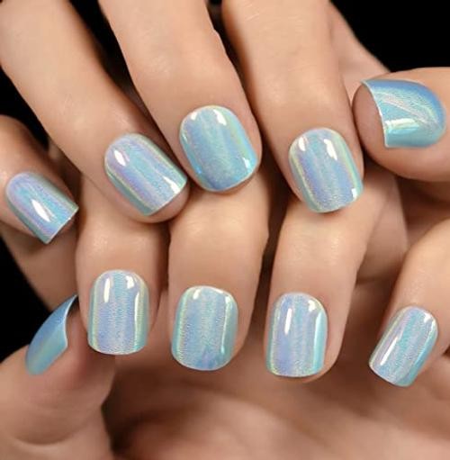 Light Blue Laser Press On Nails – Mirror Like Fake Nails – Round Blue Metal