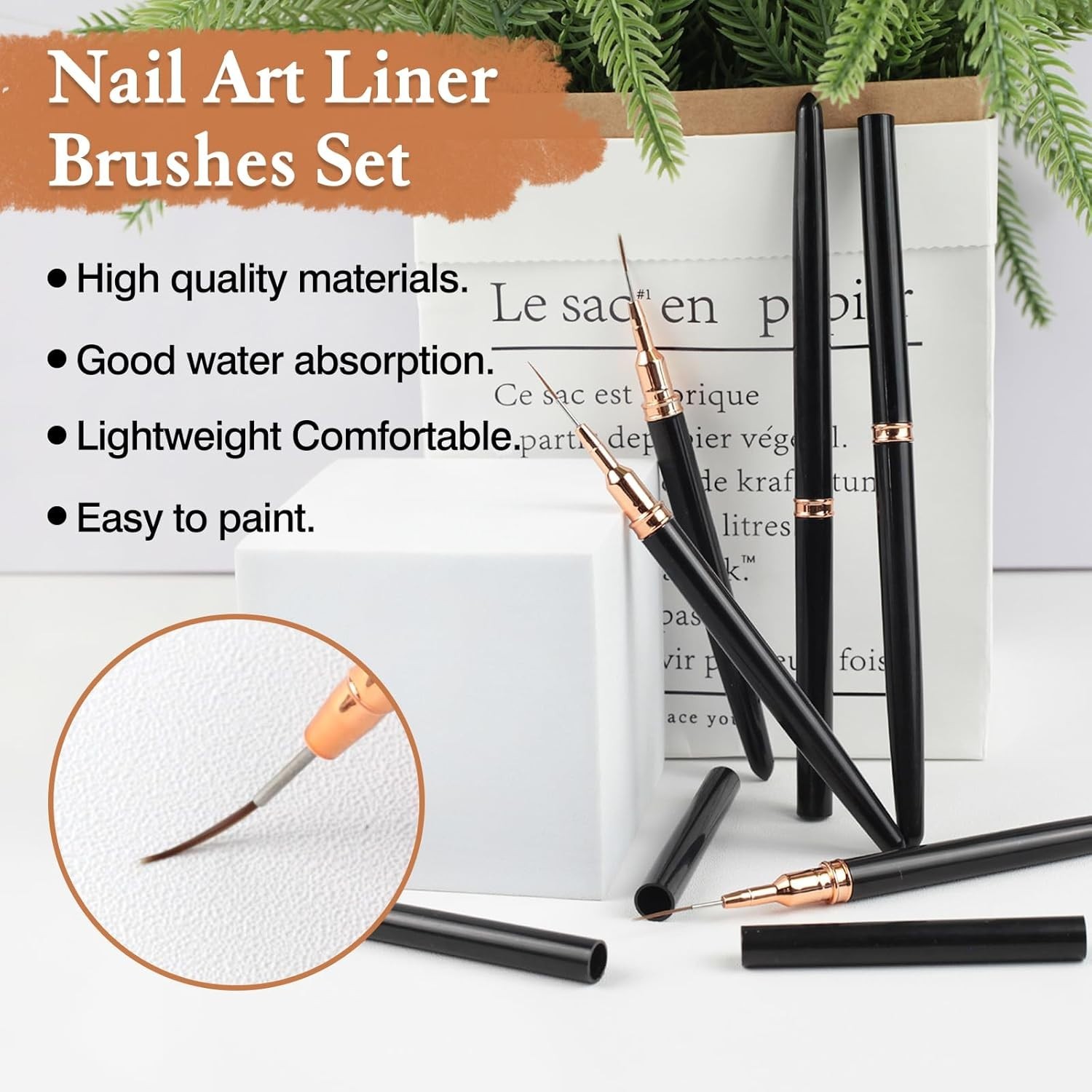 Artdone 5PCS Metallic Nail Art Liner Brushes Set, Black Fine Detail UV Gel