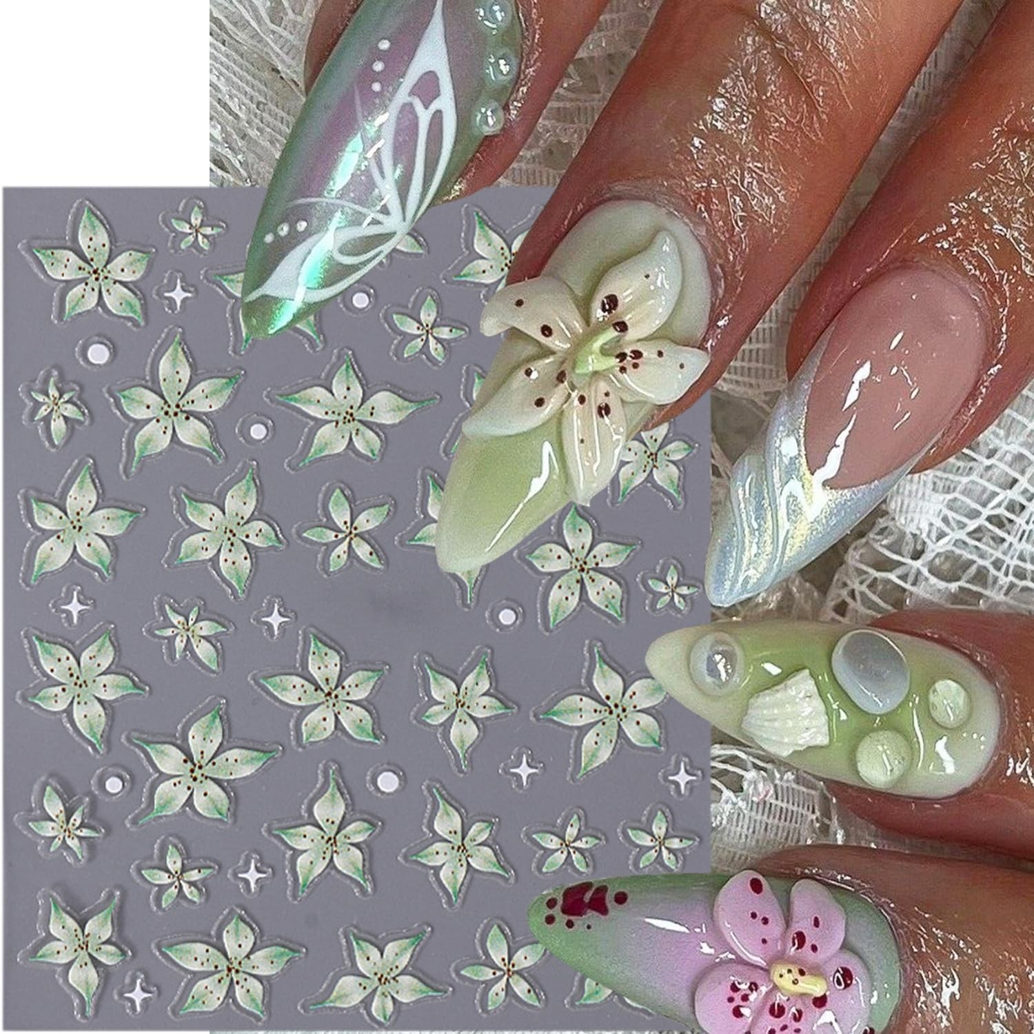 3 Sheets 5D Embossed Flower Nail Stickers Purple Sheet, Pink and Green