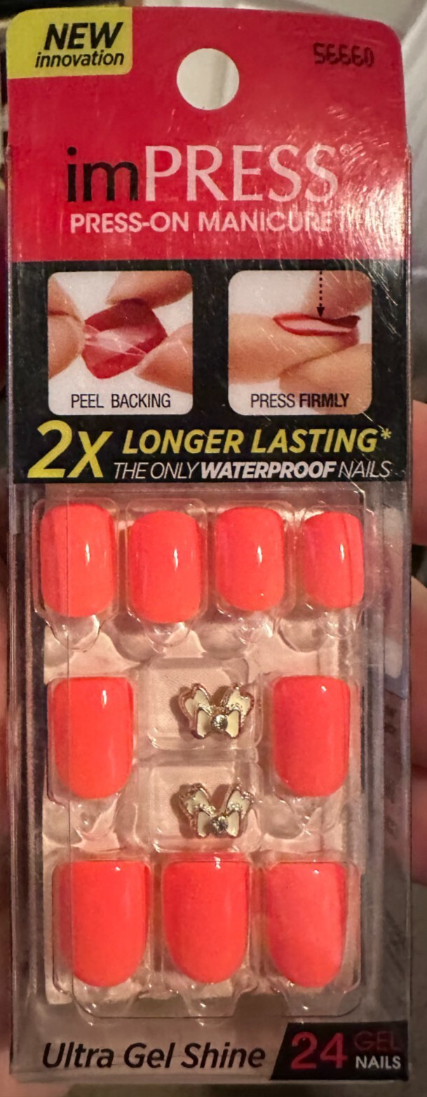 Impress Gel Manicure Press on Nails Short Neon Pink with white bow charm