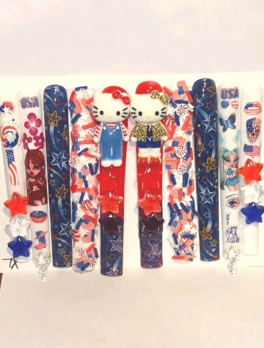 Hand Crafted Patriotic 6Xl Press-On Nails Set — Red,White & Blue Stars SZ XL