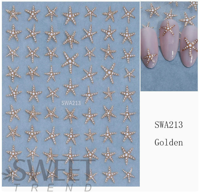 2pcs 3D Summer Ocean Style Glitter Star Nail Stickers Silver Gold Star Design S8