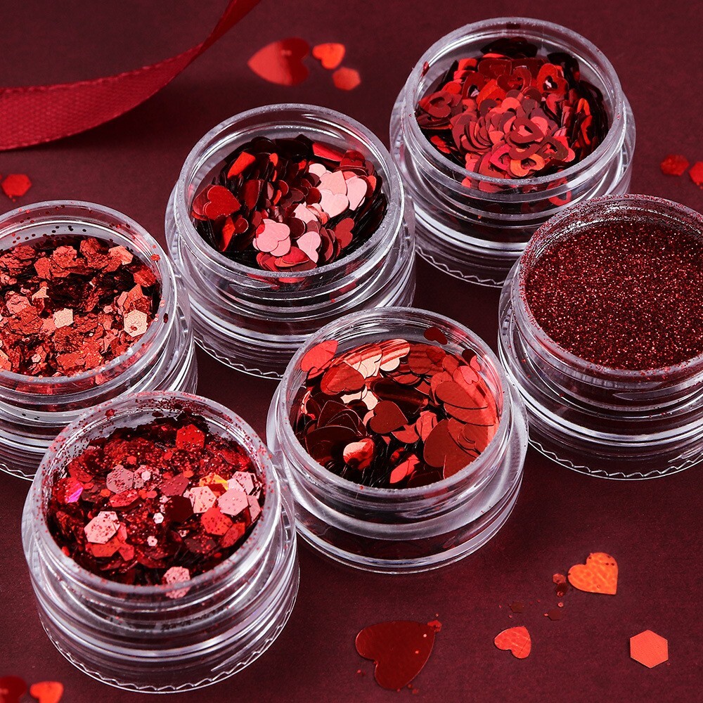 6 Pots Red Nail Art Powder Sequins Set for Valentine’s Day Glitter Flakes DIY De