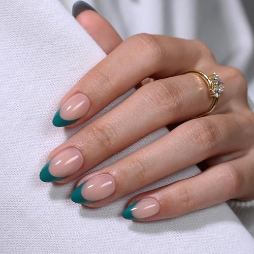 Transformative Teal French Tip Press On Nails Christmas – Almond 1-Turquoise