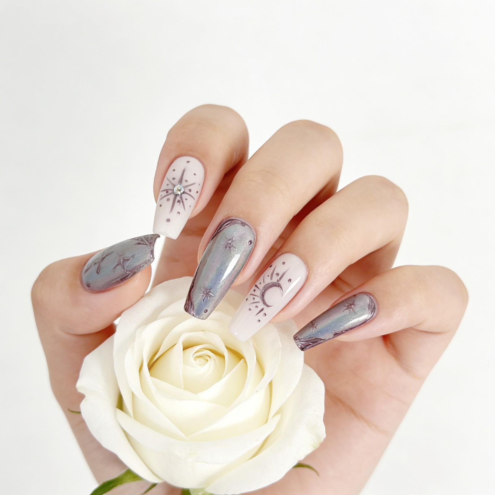 Futuristic Silver Gray Diamond Thorn Coffin Press-On Nails with Metal Details