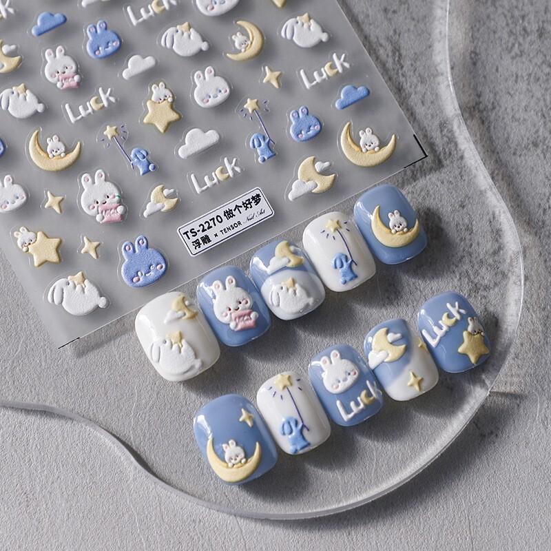 5D Cute Bunny Nail Art Decals, Moon and Star Nail Stickers (105)