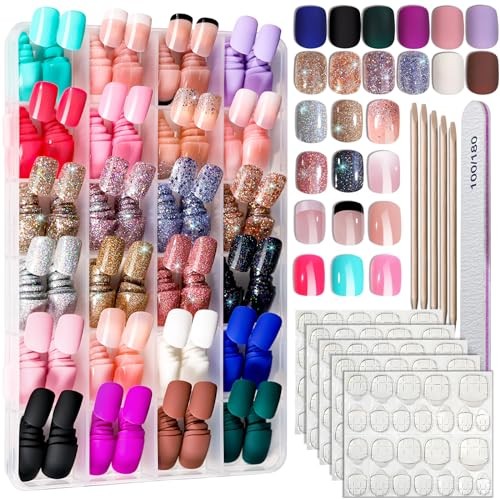 FANDAMEI 24 Colors 576PCS Press On Nails, Short Square Matte Glossy Glitter