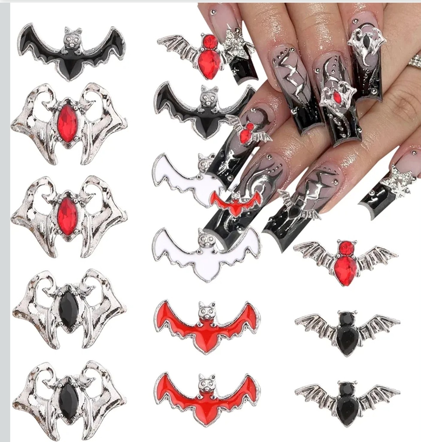 3D Gothic Bat Nail Charms 10pc Set Silver Alloy Vampire Rhinestone Nail Art