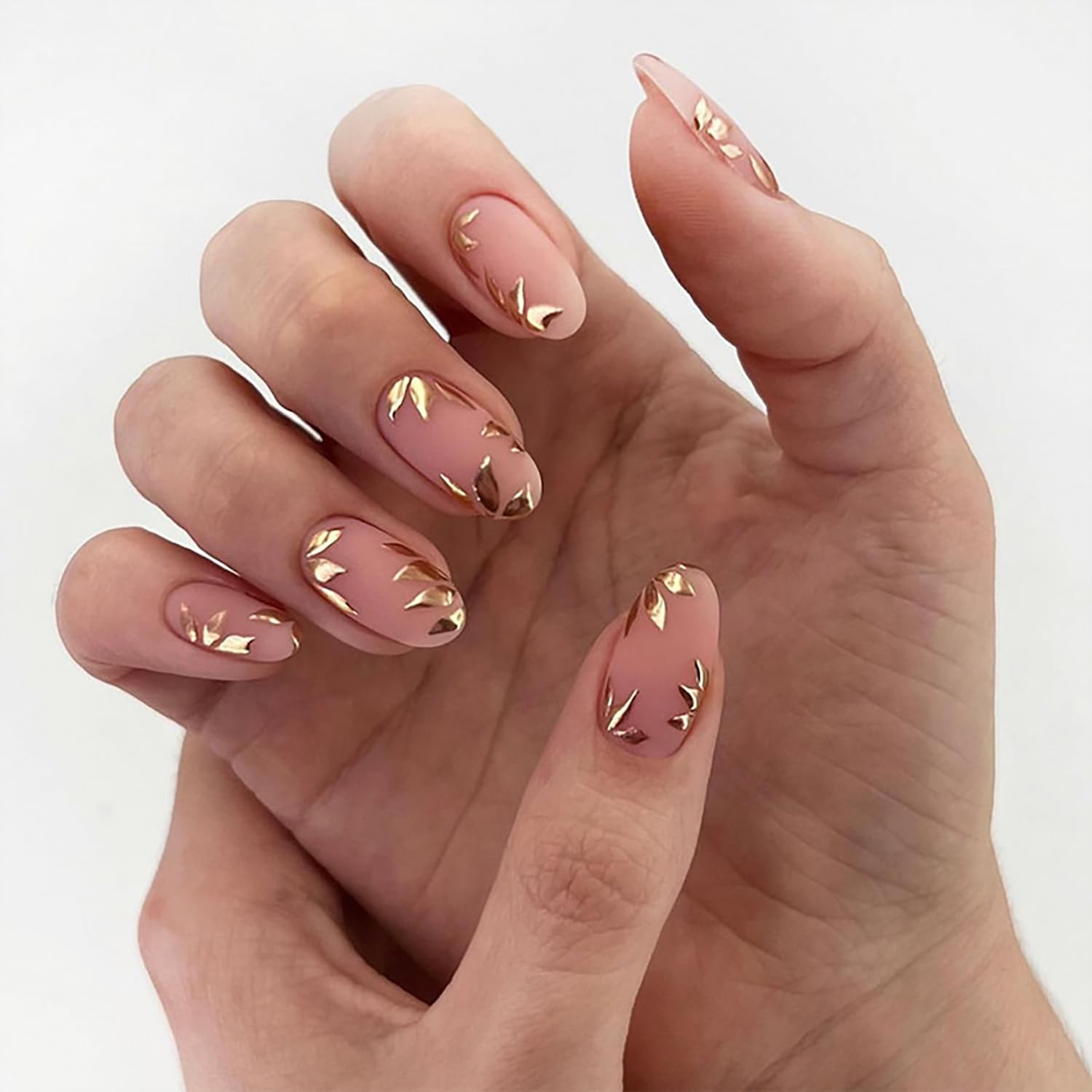 Press on Nails Short Length Almond Shaped Artificial Acrylic Fingernails Gold Le