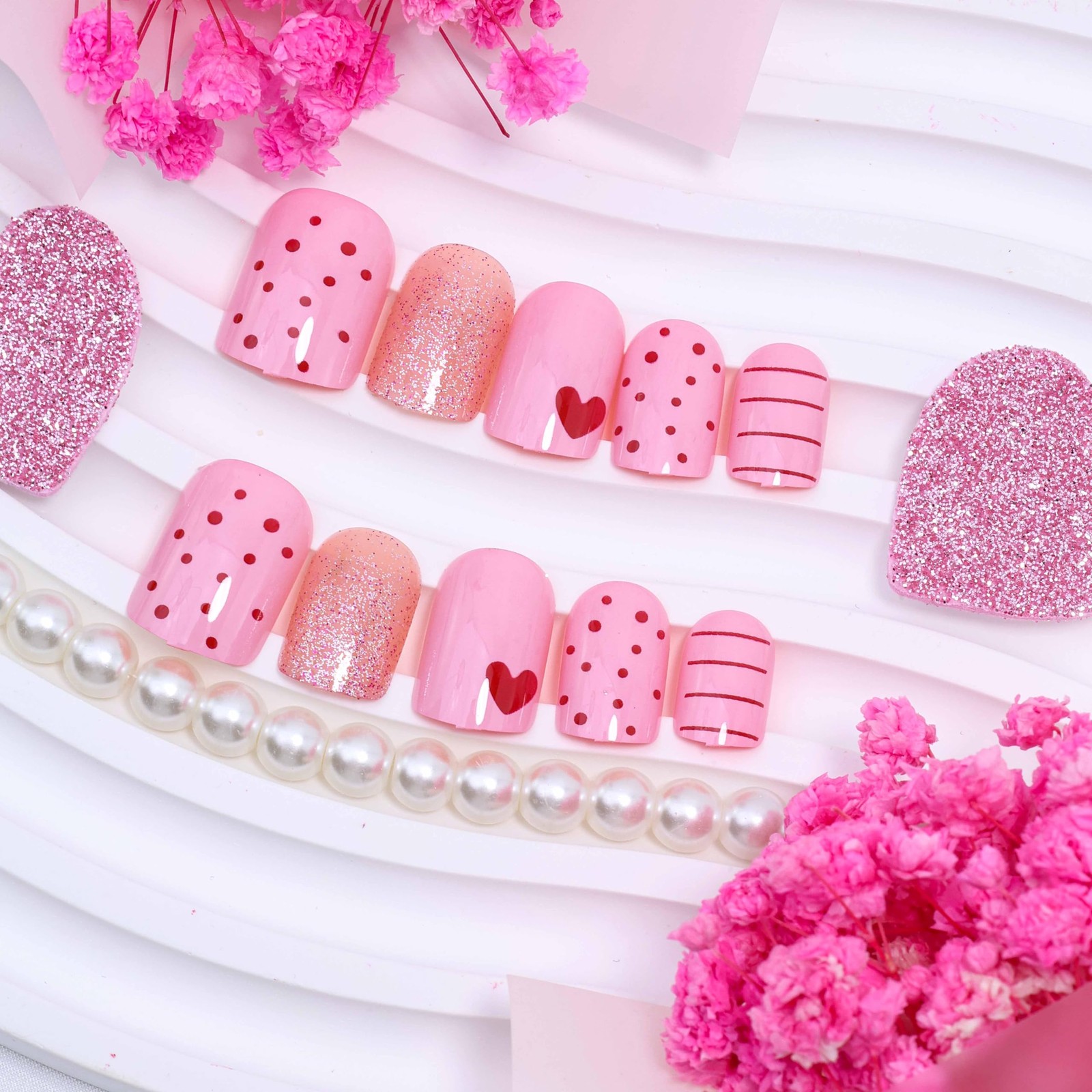24Pcs Valentines Press on Nails Short Square Red Style 01, MultiColor