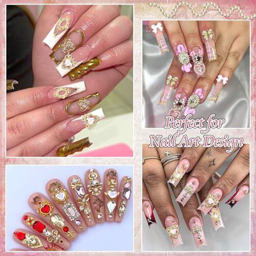 122PCS Gold Nail Charms Pink Rhinestone Heart Charms for Nails Art Luxury