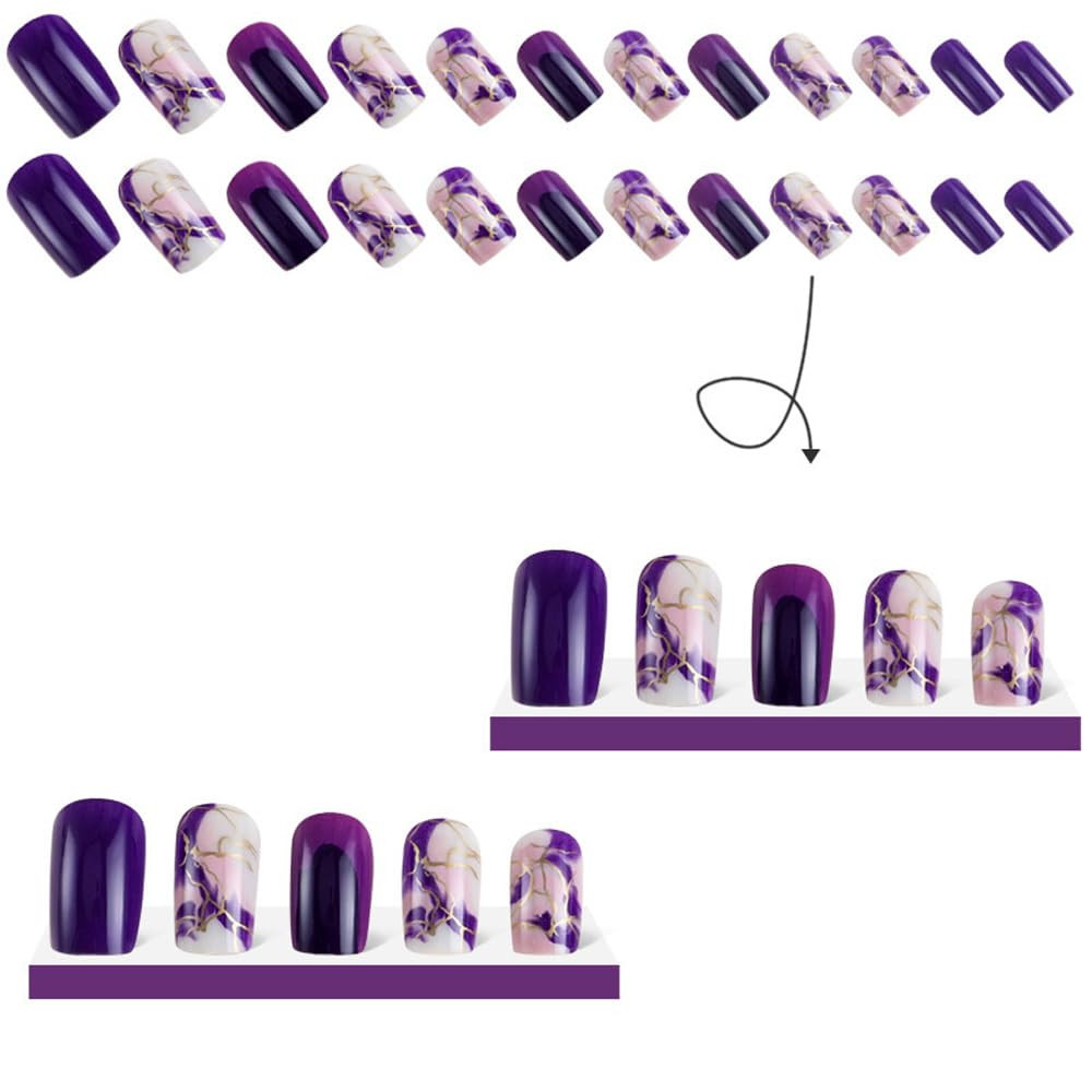 Purple and Gold Press on Nails Short Square Marble Medium Fake Nails | Gold Line