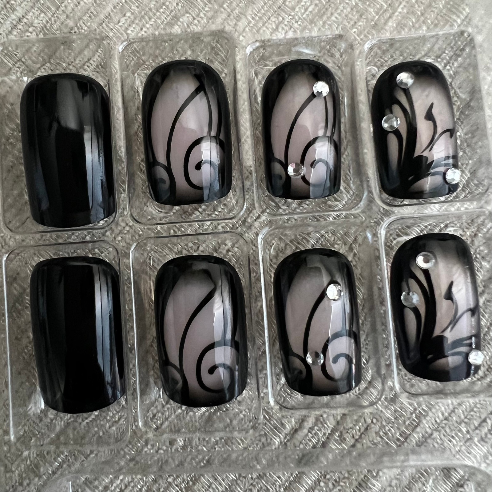 24 pcs Black Swirls on Nude w Rhinestones Medium Length Square Press on Nails