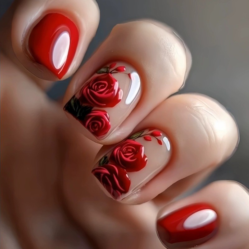 48 Pieces of Red and White 3D Floral Square Nail Art for Mid To Long Holidays