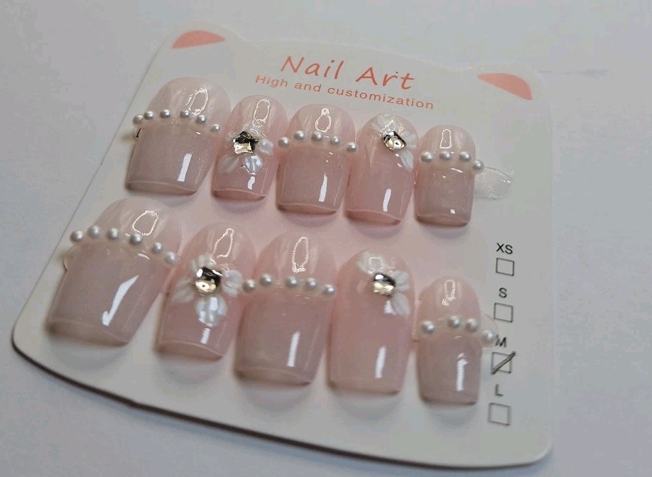 Handmade 10 Long Coffin Press-On Large Pale Pink Pearls & Gems On Nails