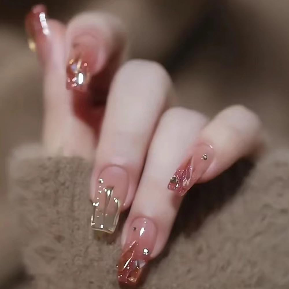 Press on Nails Long Pink False Nails Inlaid with Heart-Shaped Pearls, White Rose