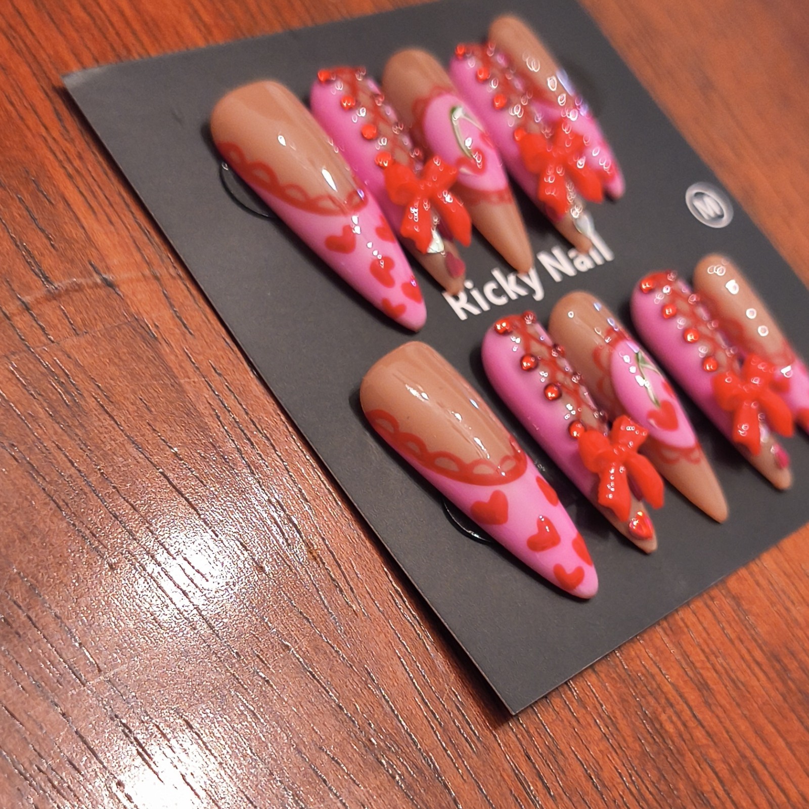 Ricky Nail 3D Long Almond Full Cover Artificial Nails Pink Nude Red Medium