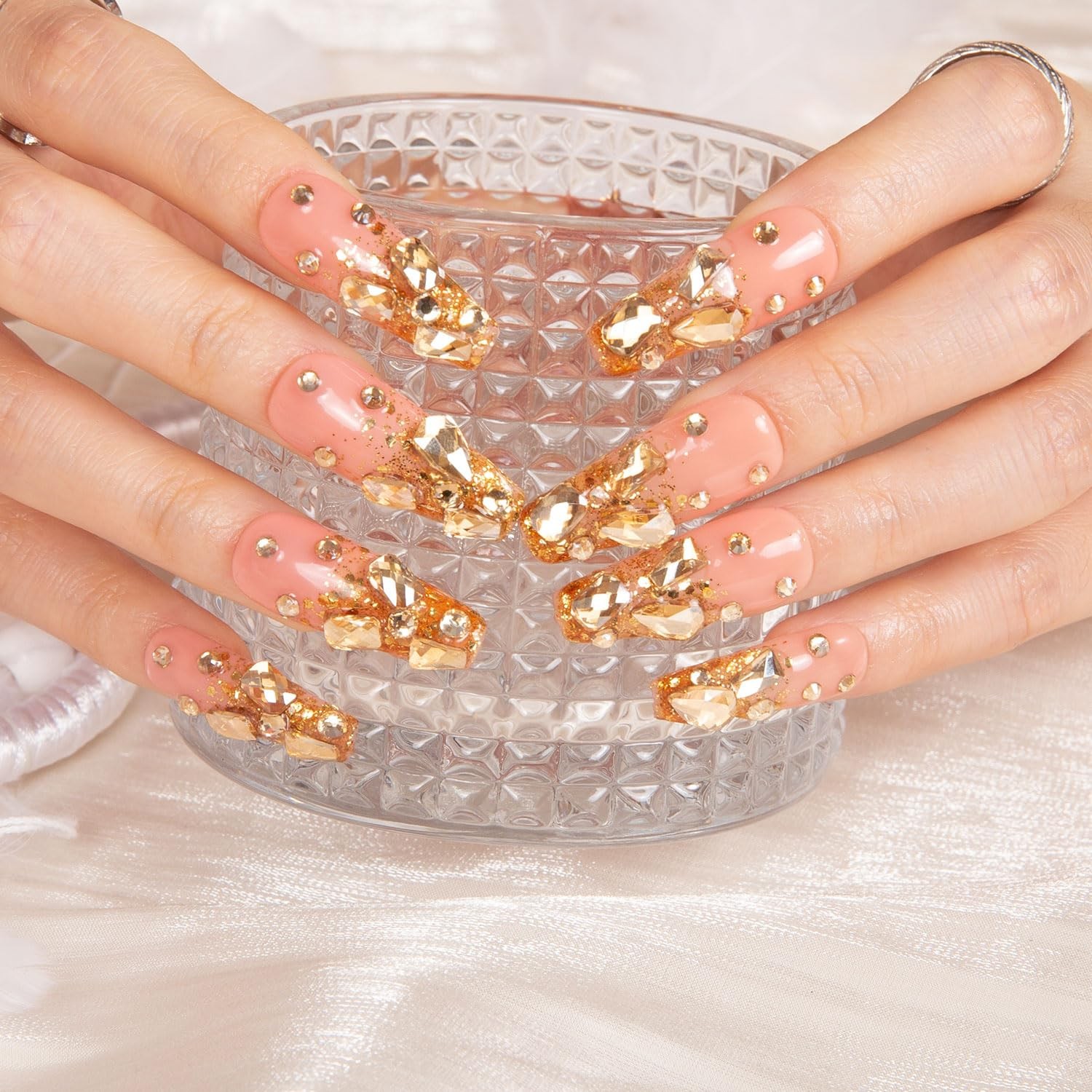 Press on Nails Stardust Gold Rhinestone Coffin Classic 1.3in – Reusable Full