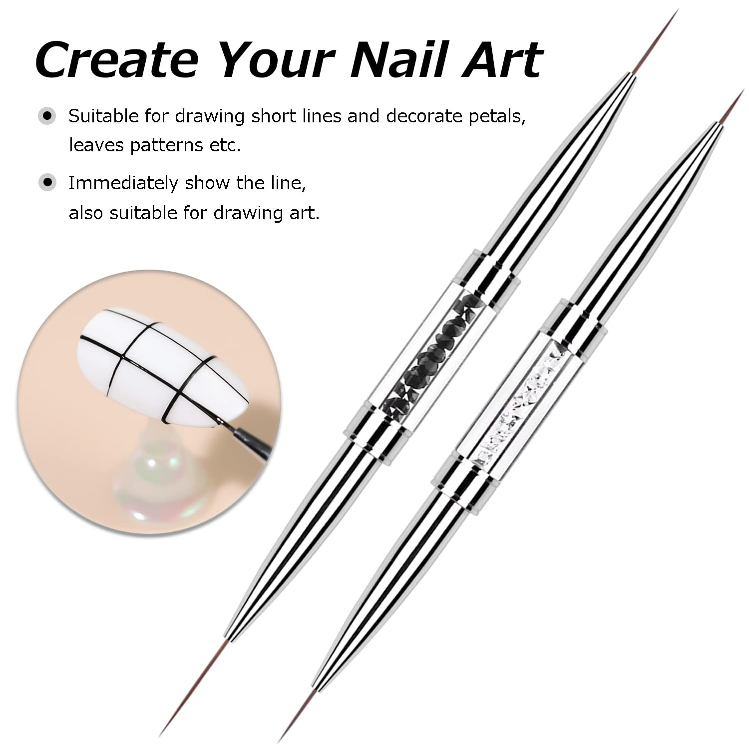 2Pcs Dual-Ended Nail Art Liner Brush Set for UV Gel Polish Painting Drawing Rhin