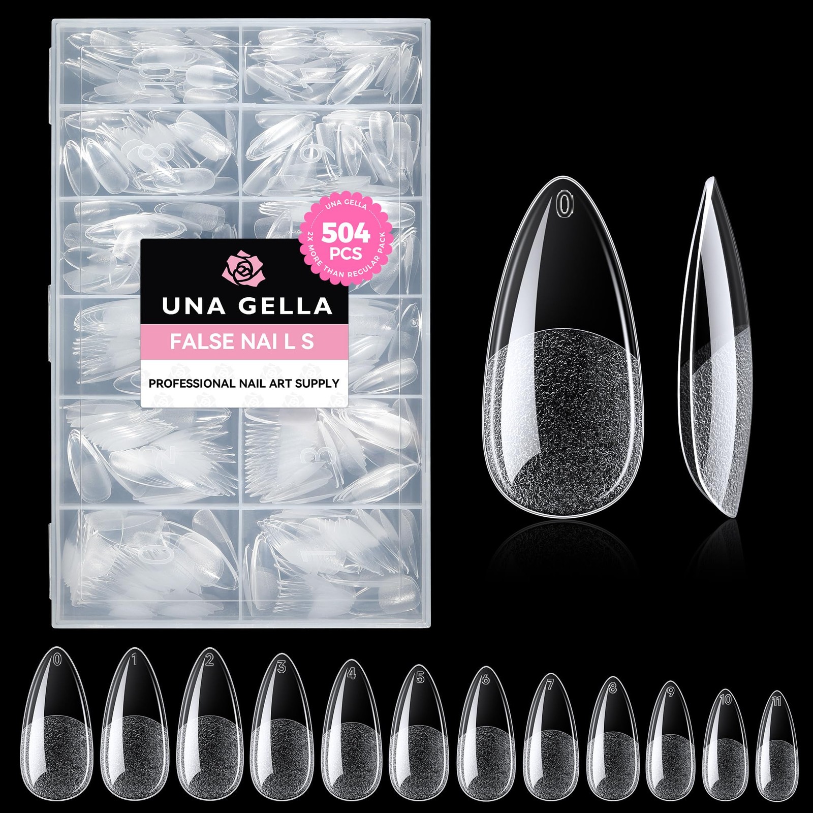 UNA GELLA Almond Gel Nail Tips 504PCS Pre-Etched Clear Fake Nails Tips