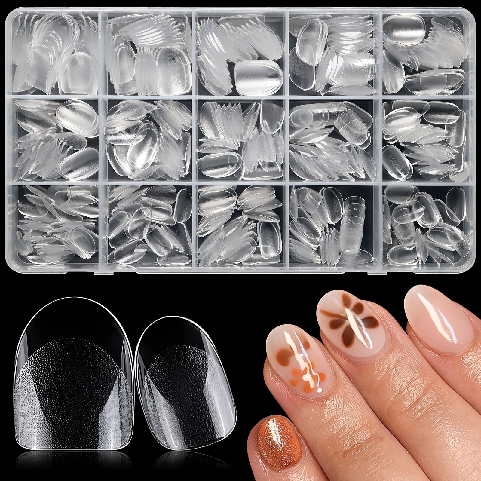 Lifextol 300pc Oval Gel Nail Tips Short Fake Nails for Press 12 Sizes, clear