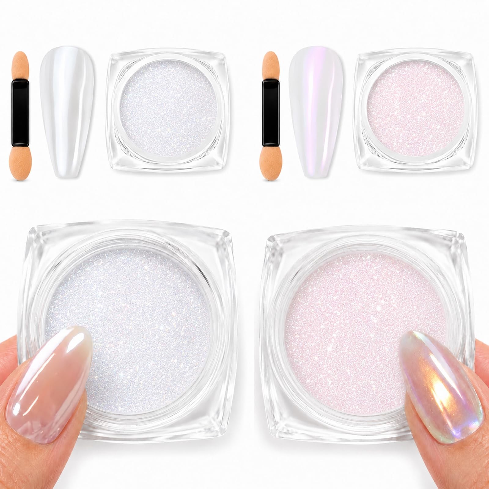 Uellipapy White Pearl Chrome Nail Powder, 2Pcs Pink Aurora and Pearl White Mi…