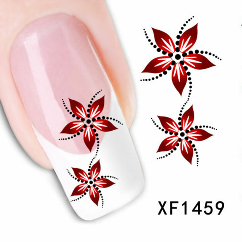 Nail Art Water Transfer Sticker Decal Stickers Pretty Flowers Red Black XF1459