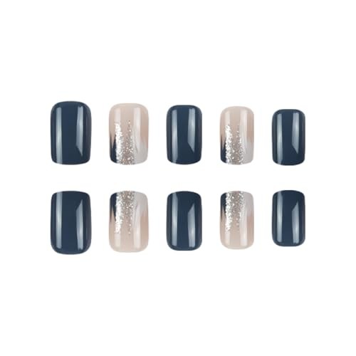 24Pcs Dark Black Blue Press on Nails Short Square Fake Nails Grayish Blue