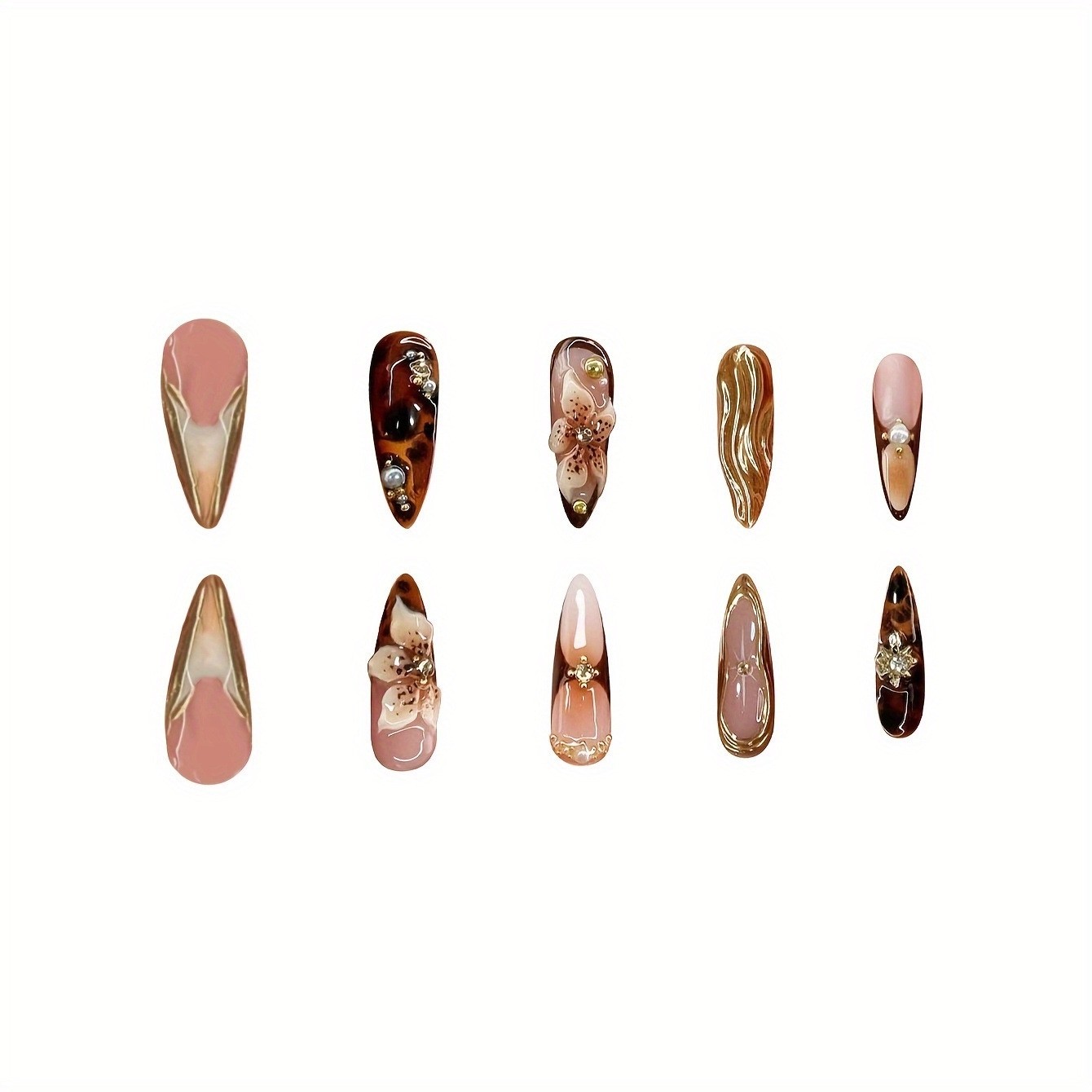 24PCS Black Gold Flower Press On Nails Long Almond Full Cover Reusable Fake Nail