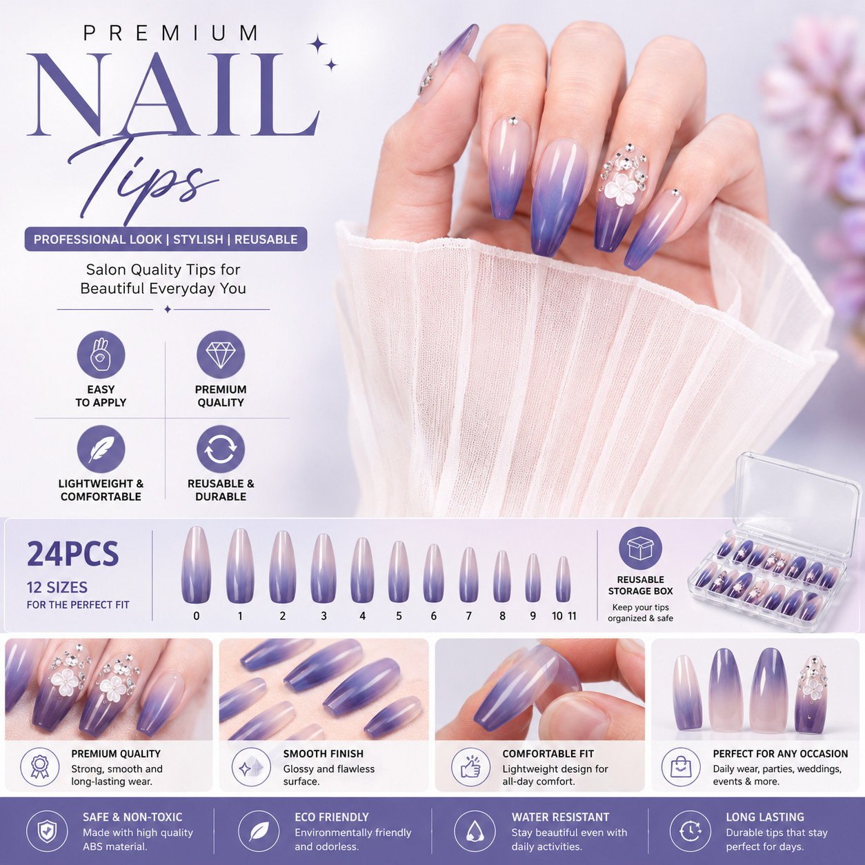 100PCS Almond Full Cover Press On Nail Tips All Sizes Professional Manicure