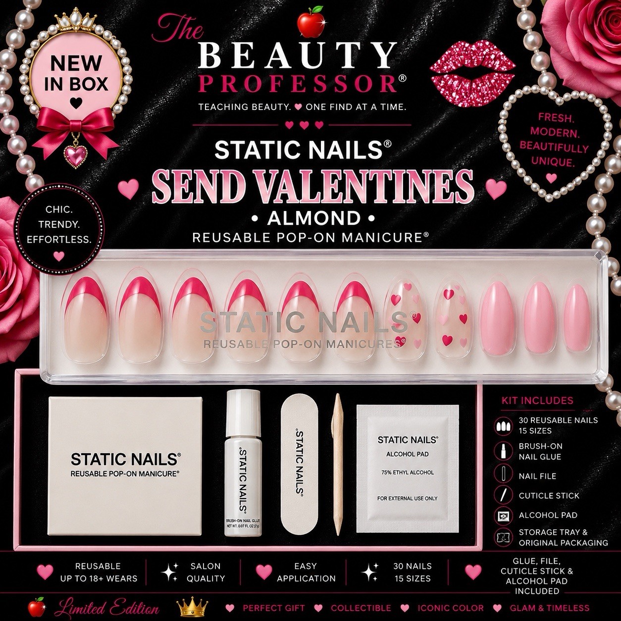 💖 Static Nails Send Valentines Almond Reusable Pop-On Manicure New In Box