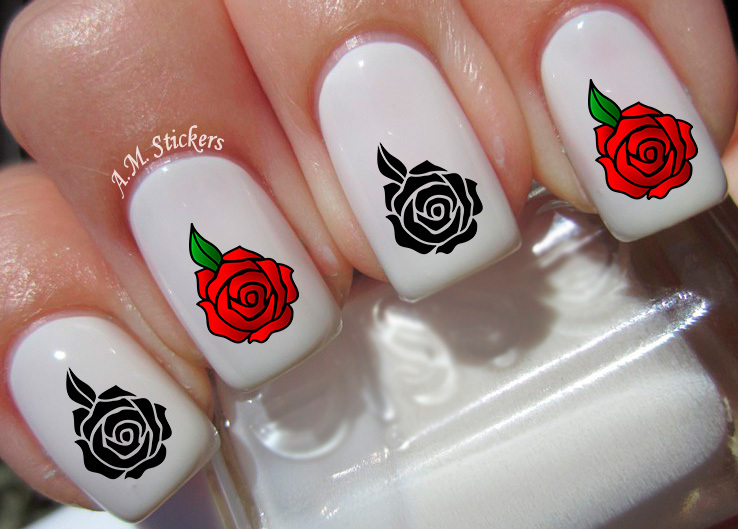 Red and Black Rose Nail Art Stickers Transfers Decals Set of 20 – A1008